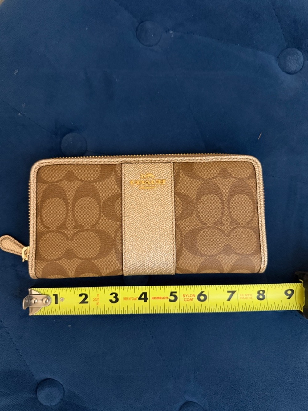 Coach Brown Signature Zip Wallet with Champagne Center Stripe